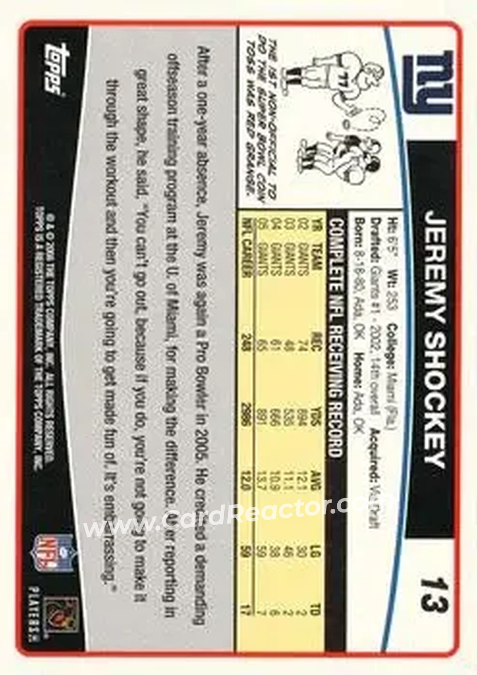 2006 Topps #13 - Jeremy Shockey - New York Giants - Back