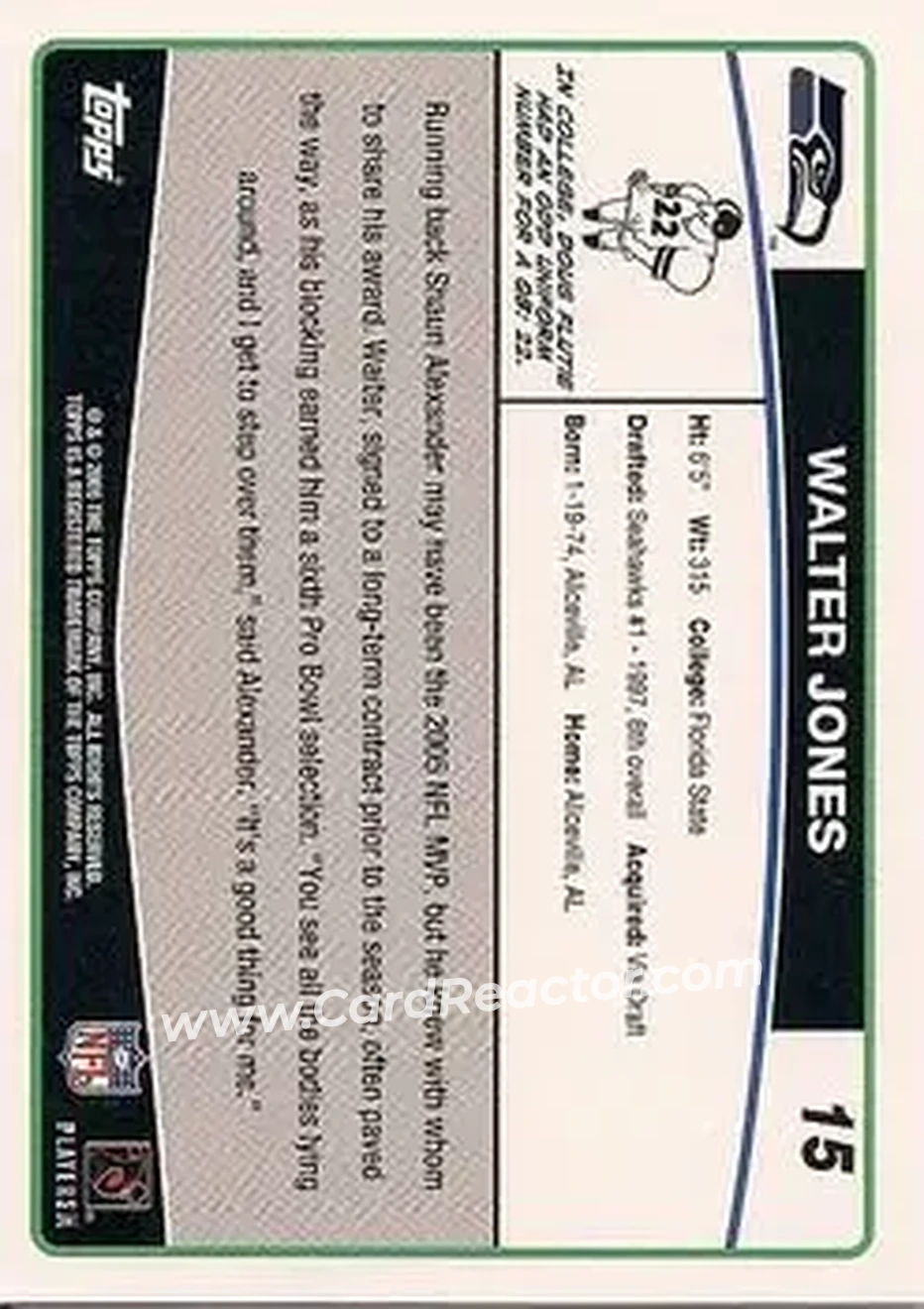 2006 Topps #15 - Walter Jones - Seattle Seahawks - Back