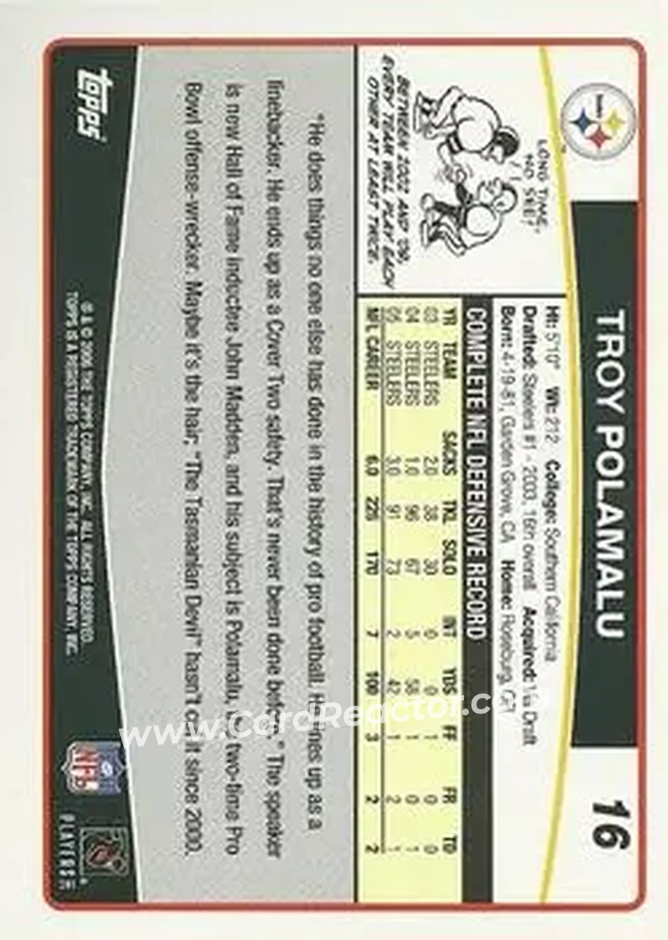 2006 Topps #16 - Troy Polamalu - Pittsburgh Steelers - Back