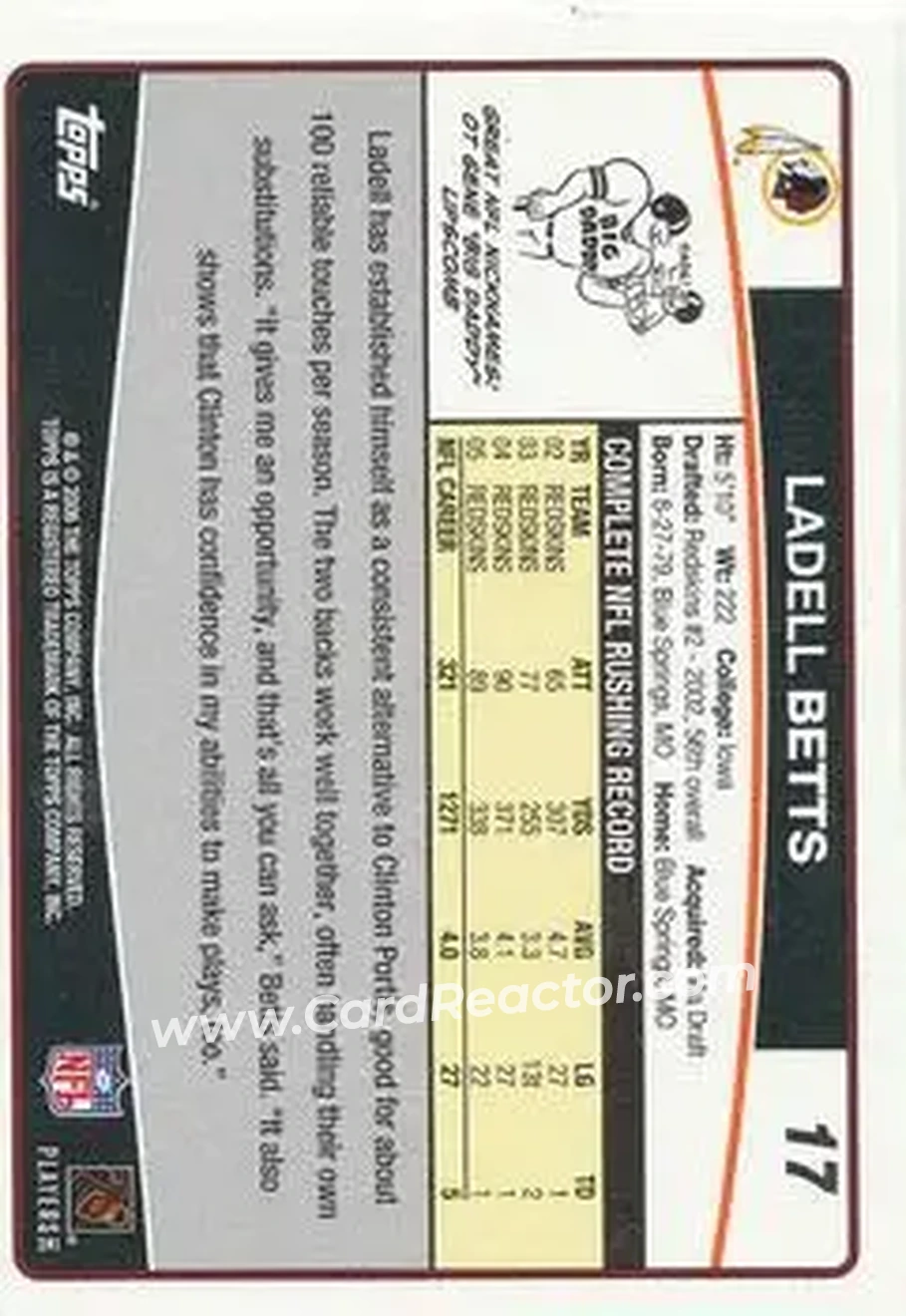 2006 Topps #17 - Ladell Betts - Washington Redskins - Back