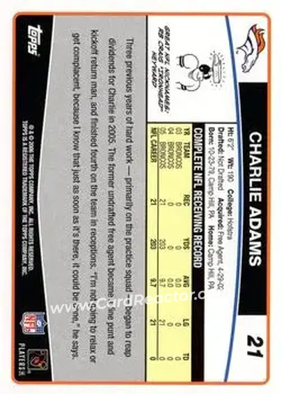 2006 Topps #21 - Charlie Adams - Denver Broncos - Back