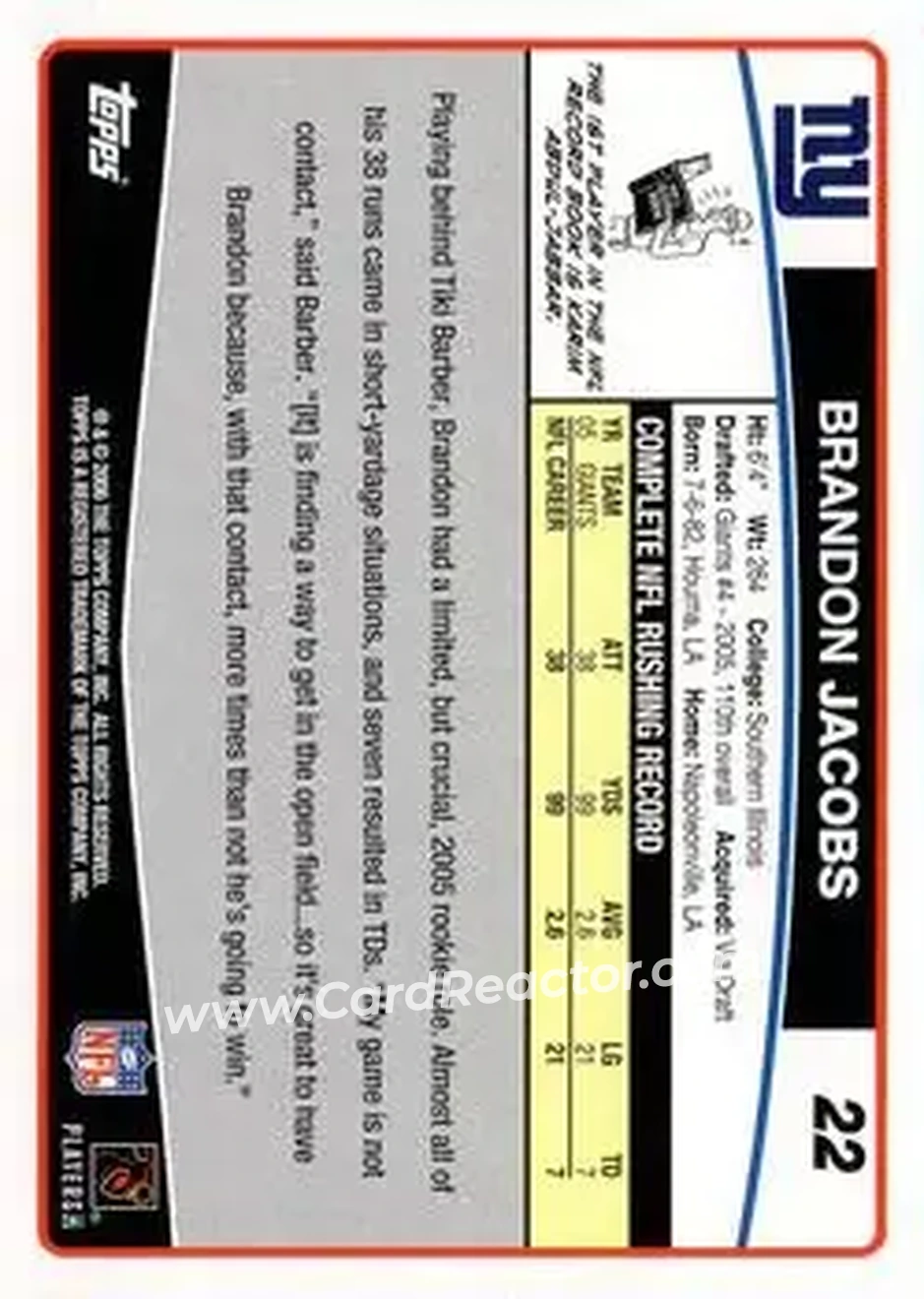 2006 Topps #22 - Brandon Jacobs - New York Giants - Back