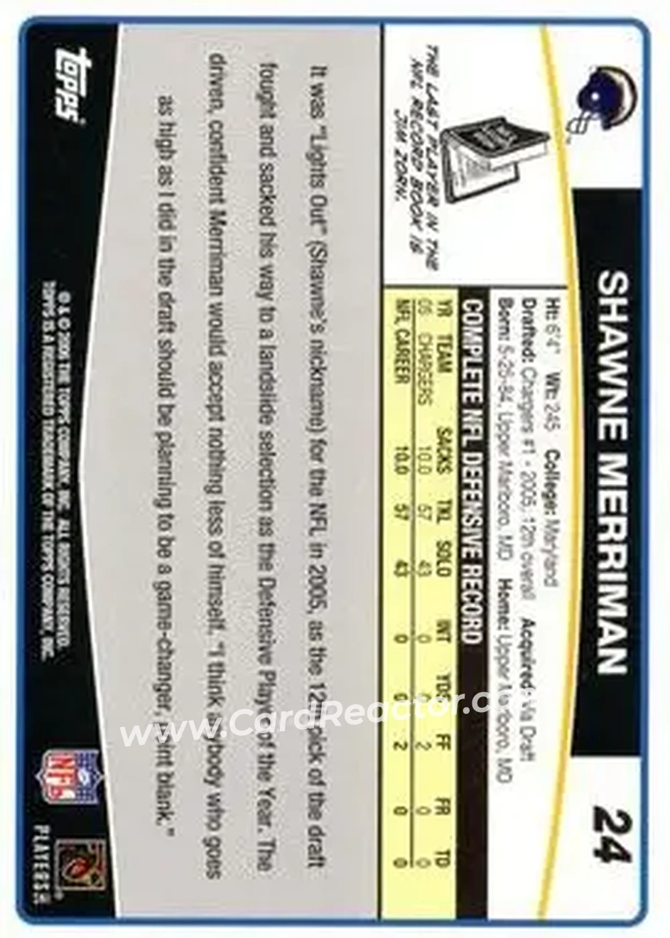 2006 Topps #24 - Shawne Merriman - San Diego Chargers - Back