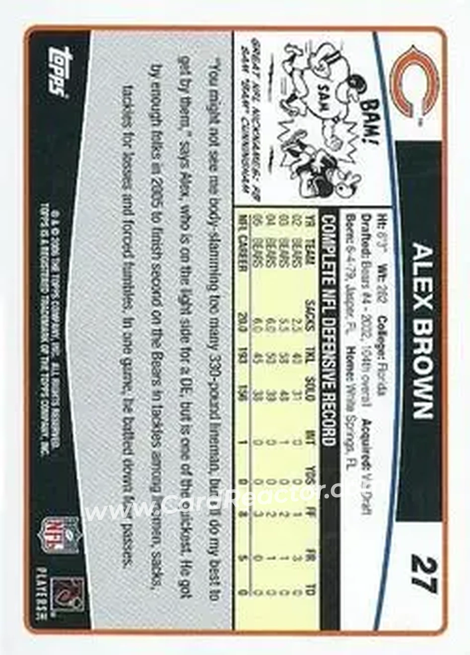 2006 Topps #27 - Alex Brown - Chicago Bears - Back