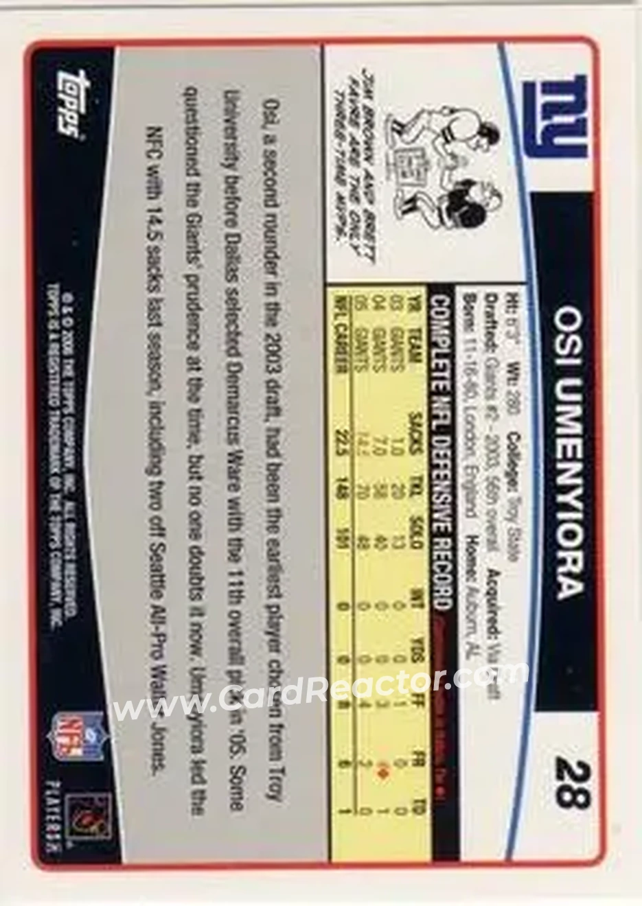 2006 Topps #28 - Osi Umenyiora - New York Giants - Back