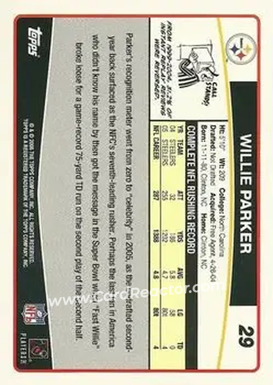 2006 Topps #29 - Willie Parker - Pittsburgh Steelers - Back