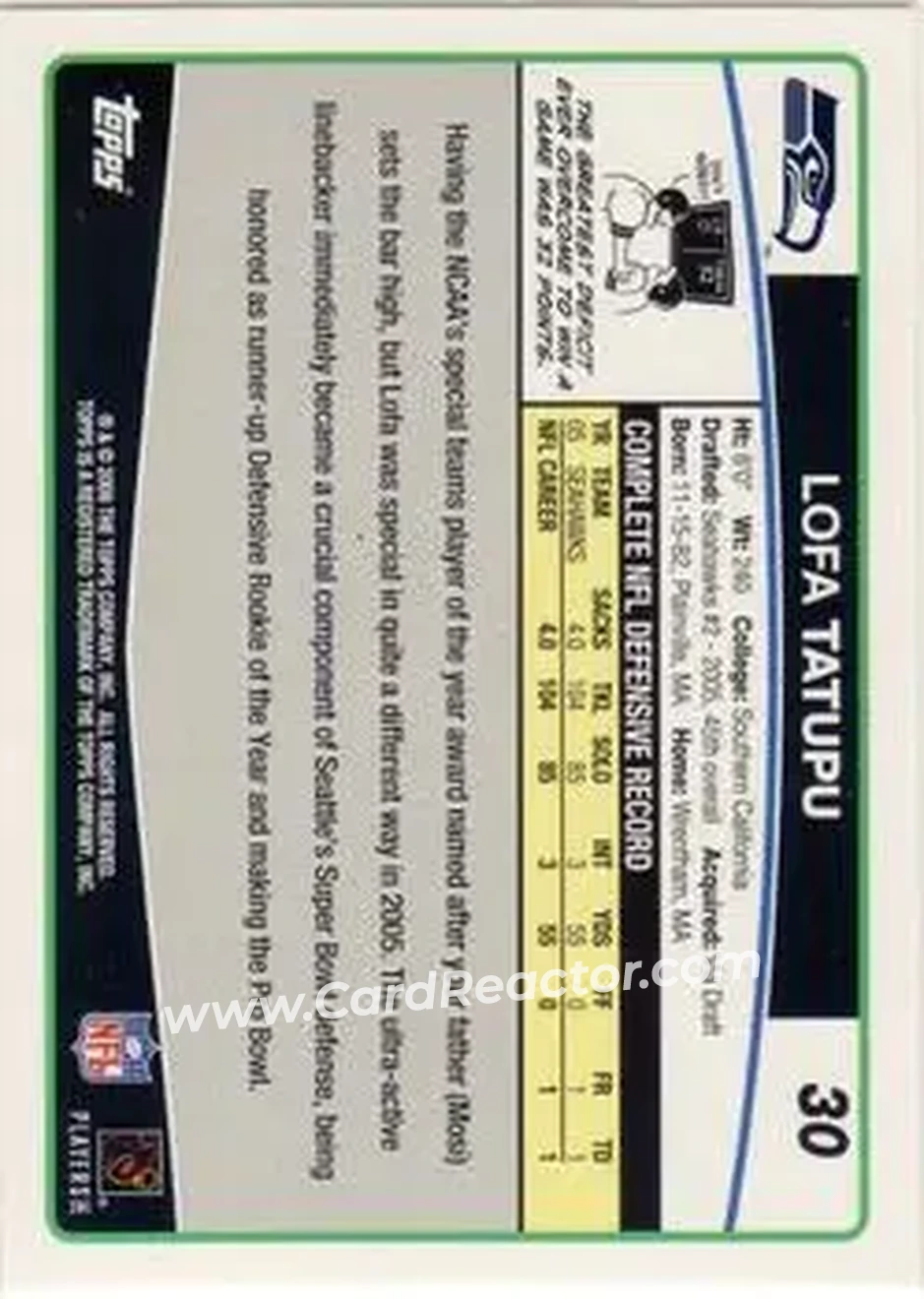 2006 Topps #30 - Lofa Tatupu - Seattle Seahawks - Back