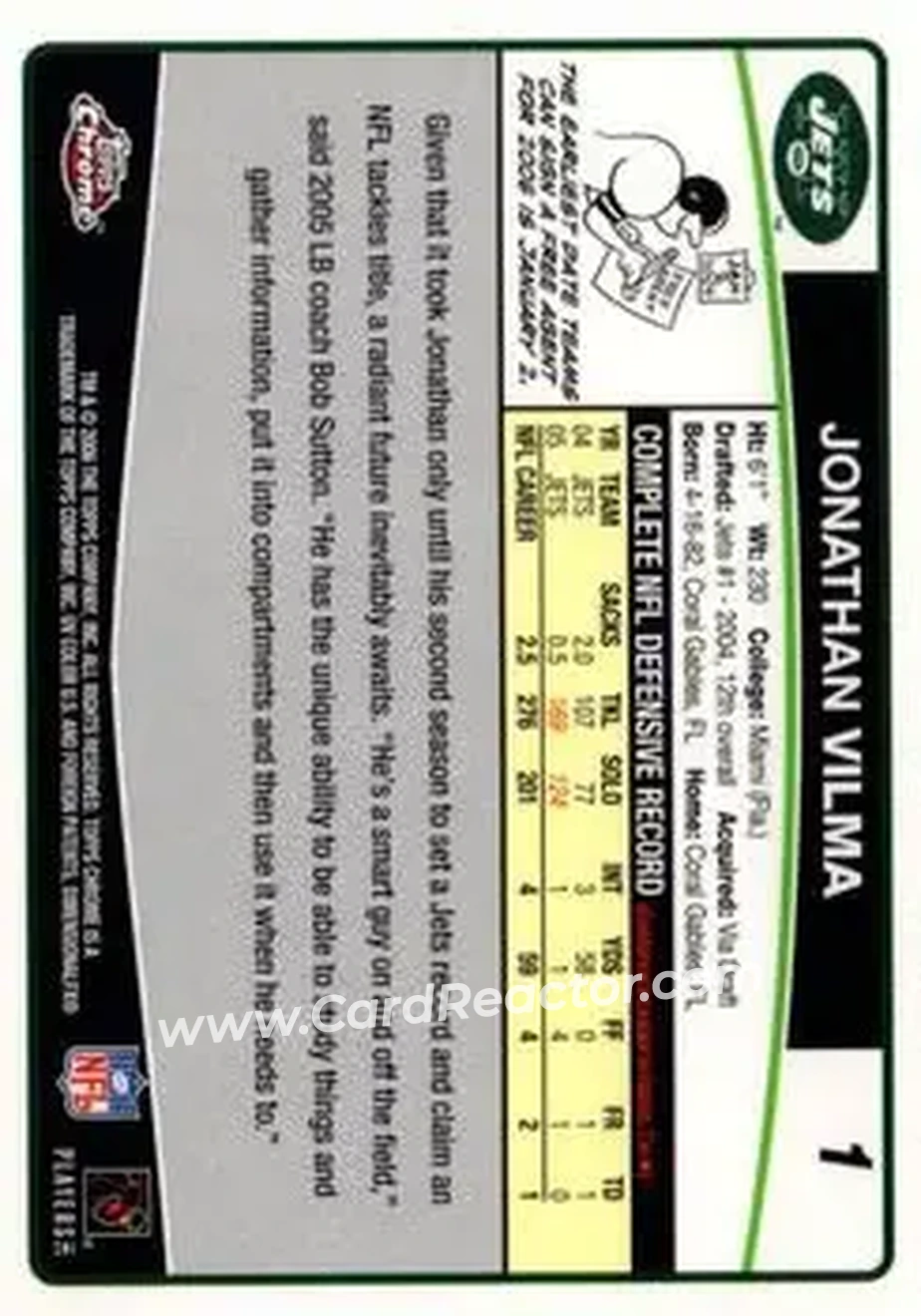 2006 Topps Chrome #1 - Jonathan Vilma - New York Jets - Back