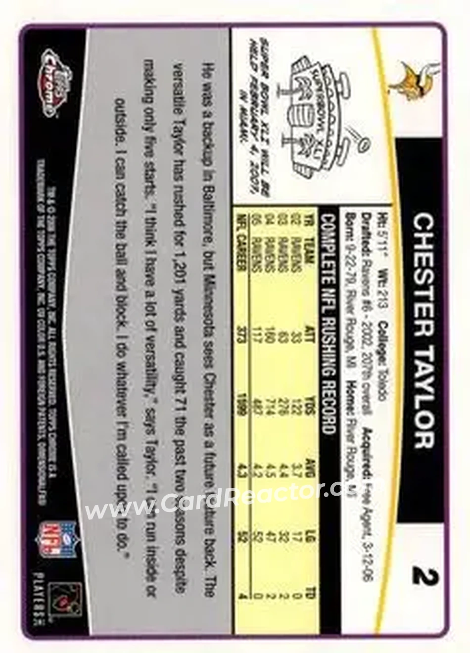 2006 Topps Chrome #2 - Chester Taylor - Minnesota Vikings - Back
