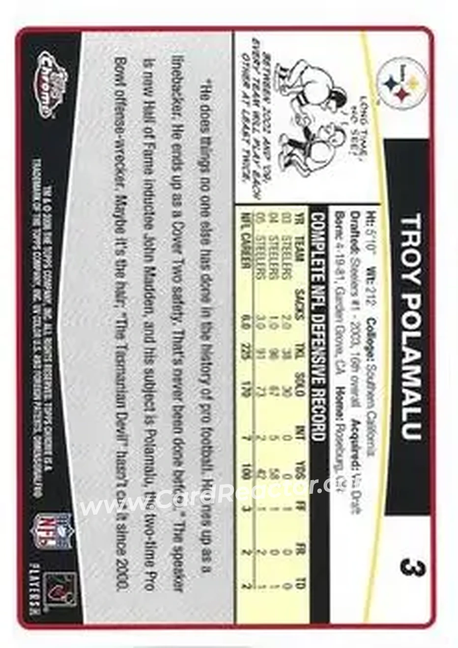 2006 Topps Chrome #3 - Troy Polamalu - Pittsburgh Steelers - Back