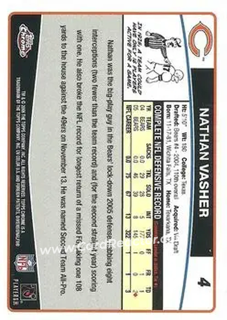 2006 Topps Chrome #4 - Nathan Vasher - Chicago Bears - Back