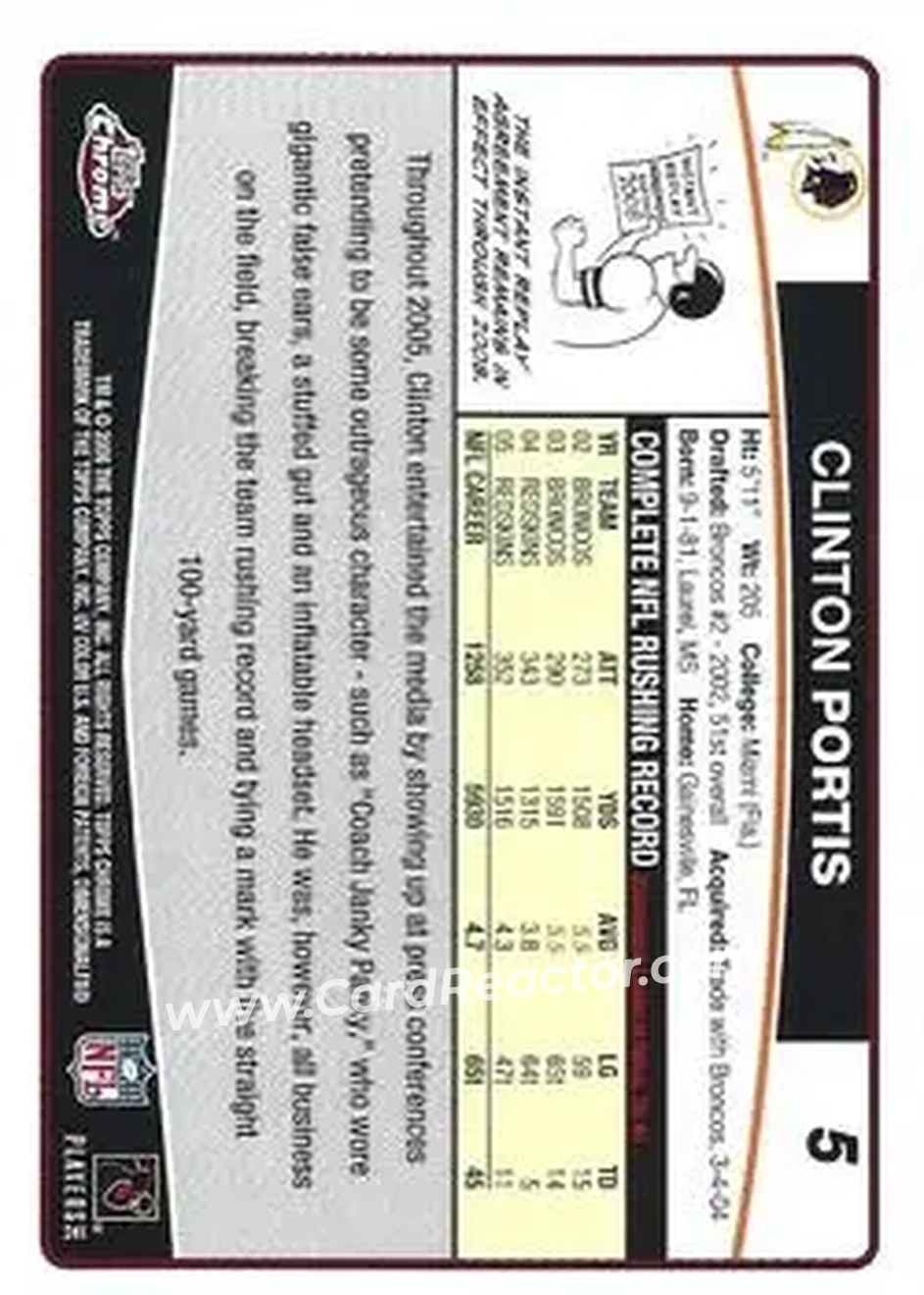 2006 Topps Chrome #5 - Clinton Portis - Washington Redskins - Back