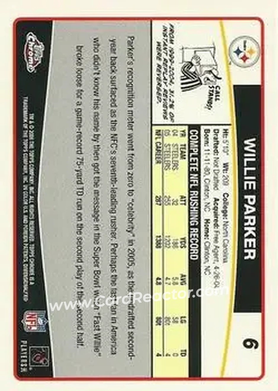 2006 Topps Chrome #6 - Willie Parker - Pittsburgh Steelers - Back