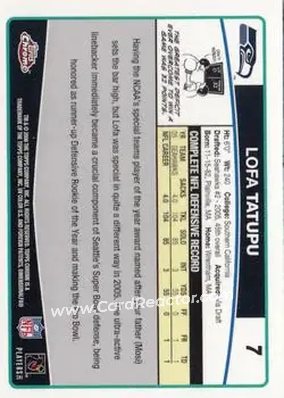 2006 Topps Chrome #7 - Lofa Tatupu - Seattle Seahawks - Back