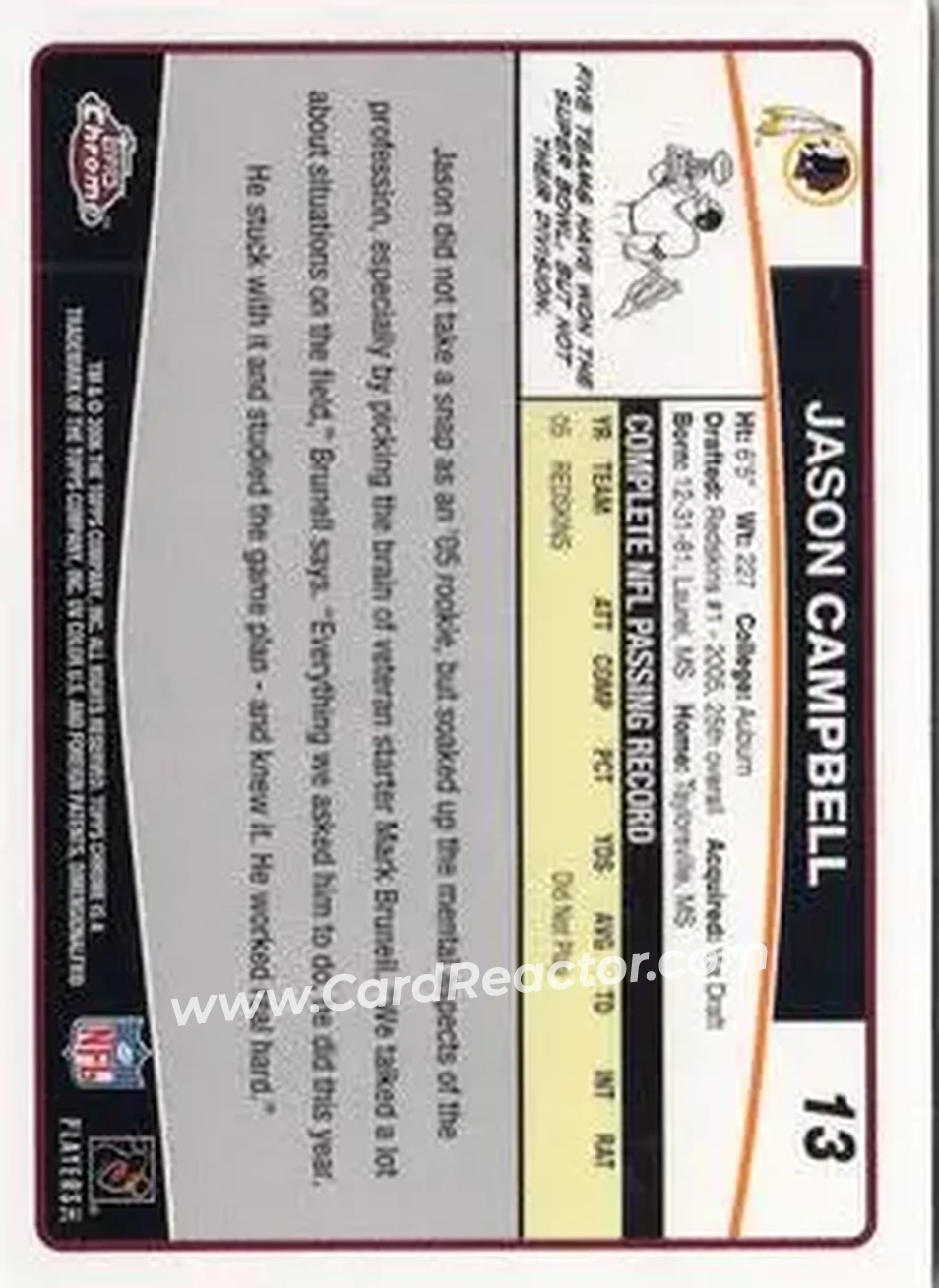 2006 Topps Chrome #13 - Jason Campbell - Washington Redskins - Back