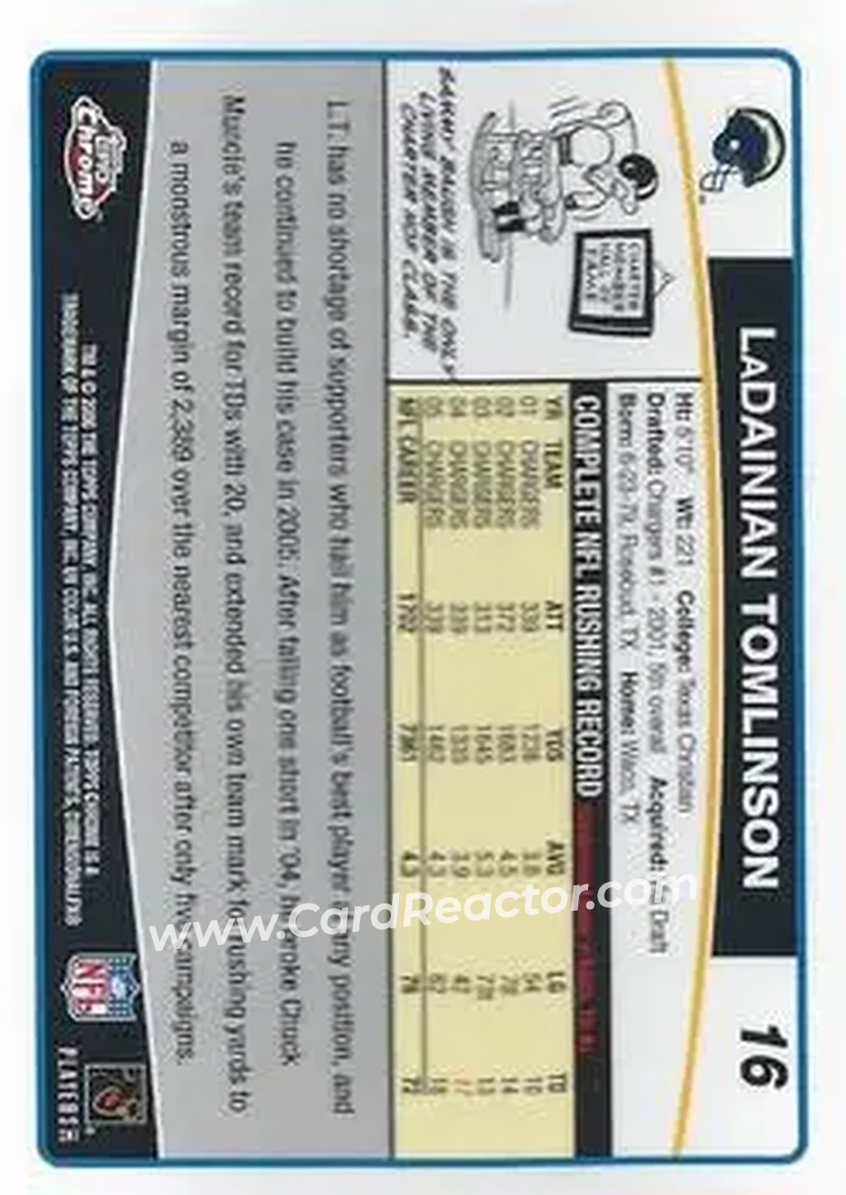 2006 Topps Chrome #16 - LaDainian Tomlinson - San Diego Chargers - Back