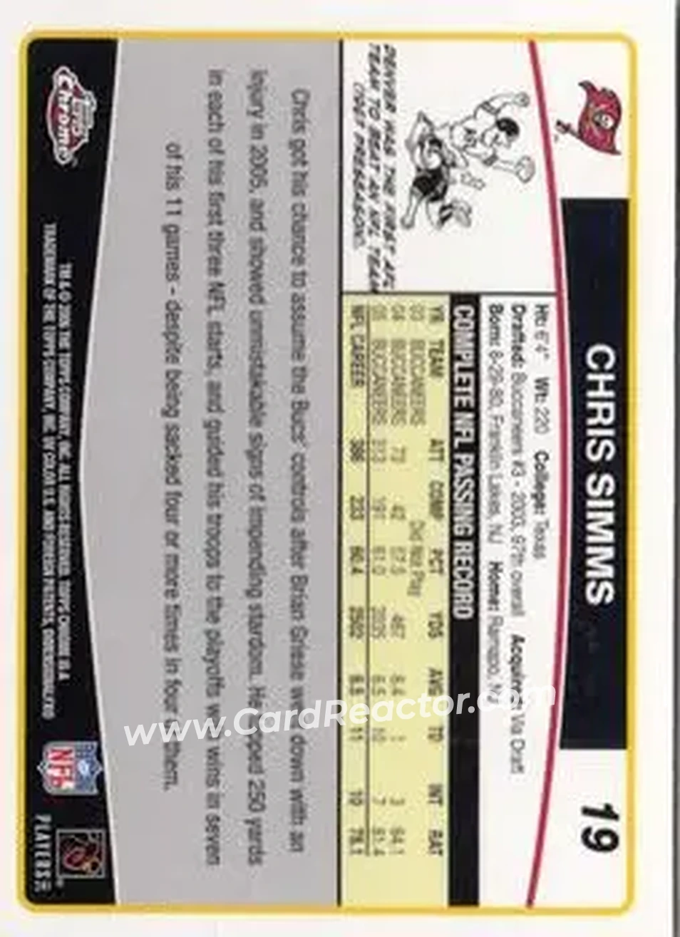 2006 Topps Chrome #19 - Chris Simms - Tampa Bay Buccaneers - Back