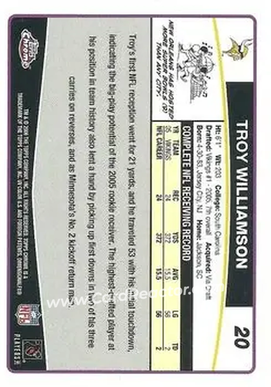 2006 Topps Chrome #20 - Troy Williamson - Minnesota Vikings - Back
