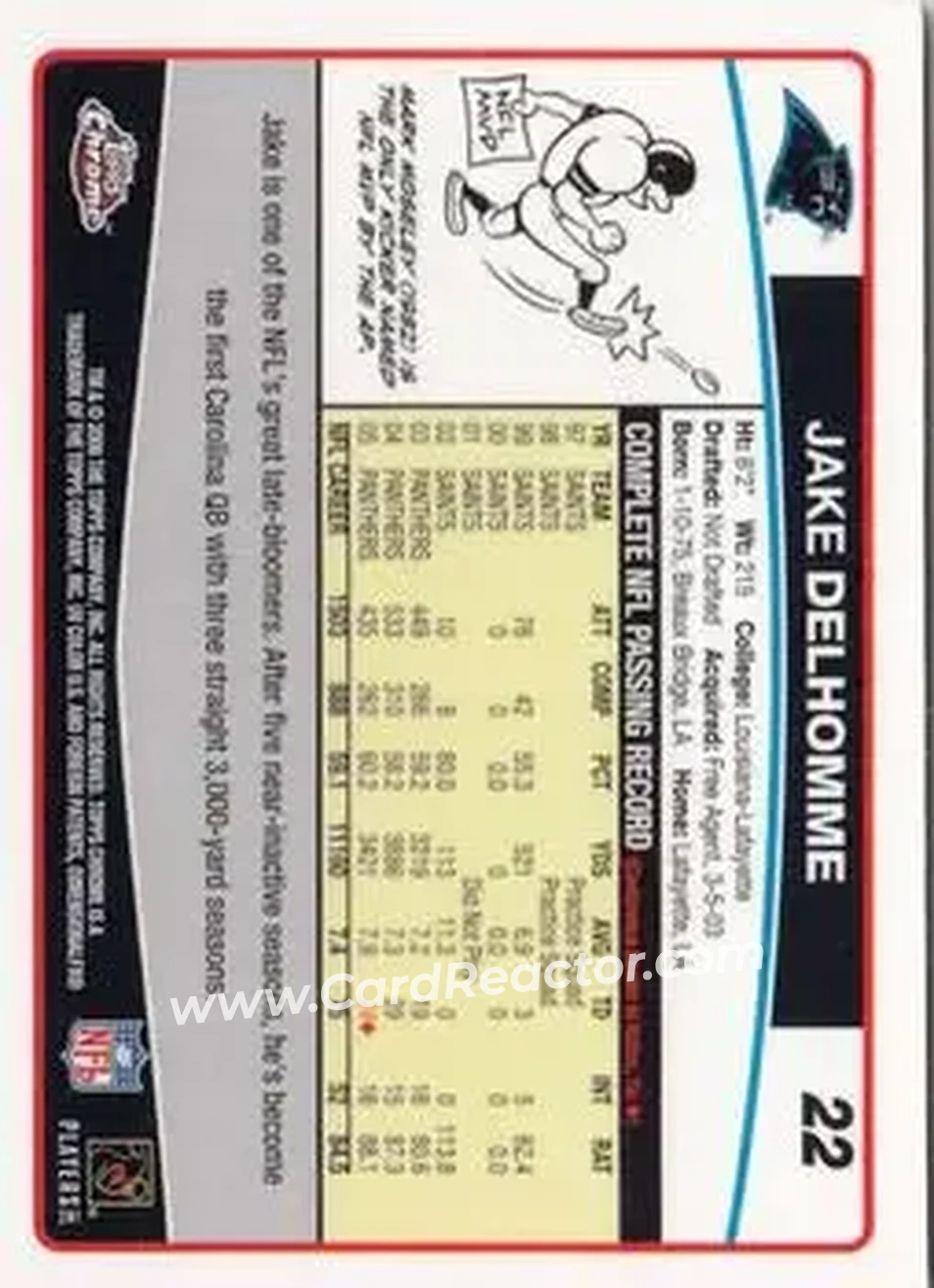 2006 Topps Chrome #22 - Jake Delhomme - Carolina Panthers - Back