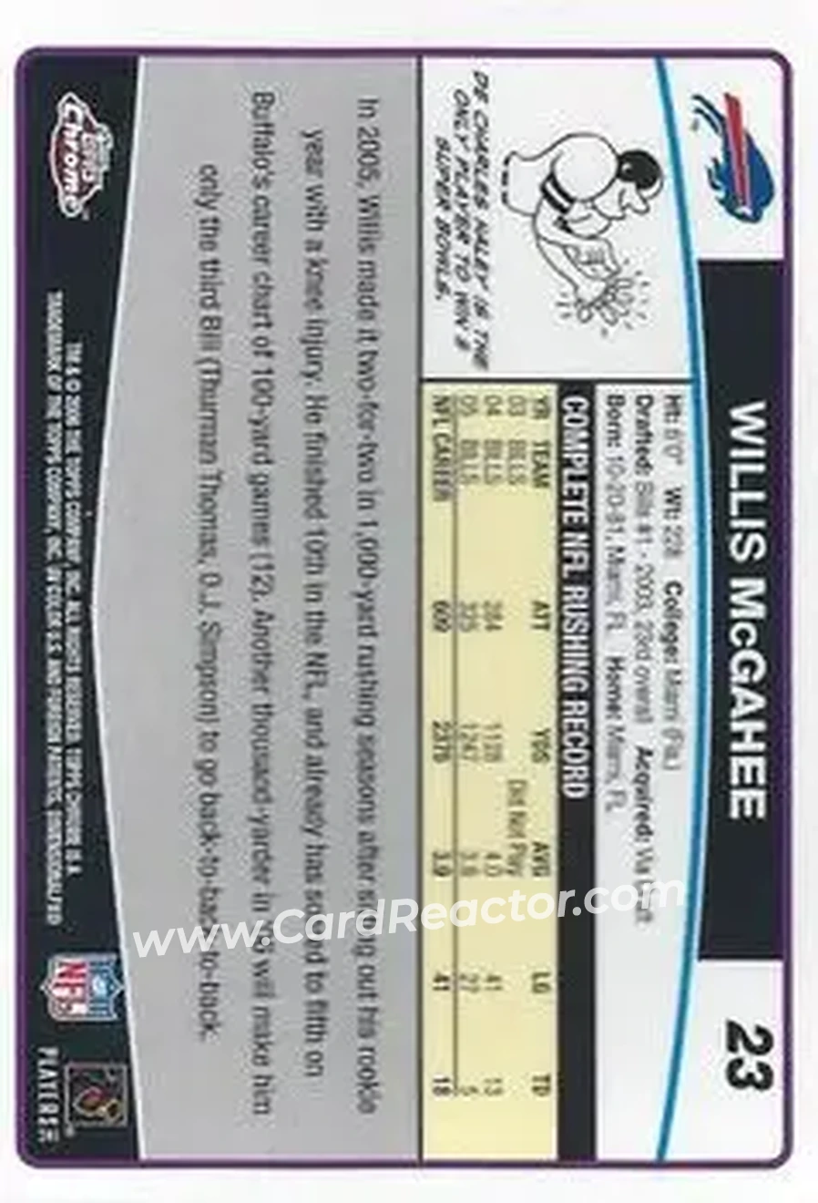 2006 Topps Chrome #23 - Willis McGahee - Buffalo Bills - Back