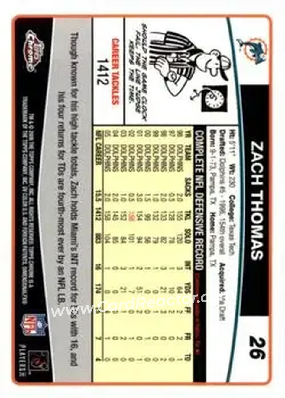 2006 Topps Chrome #26 - Zach Thomas - Miami Dolphins - Back