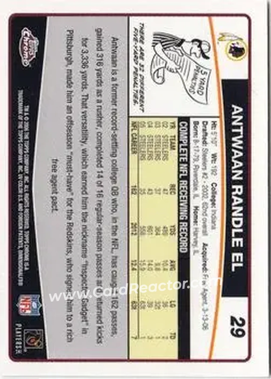 2006 Topps Chrome #29 - Antwaan Randle El - Washington Redskins - Back