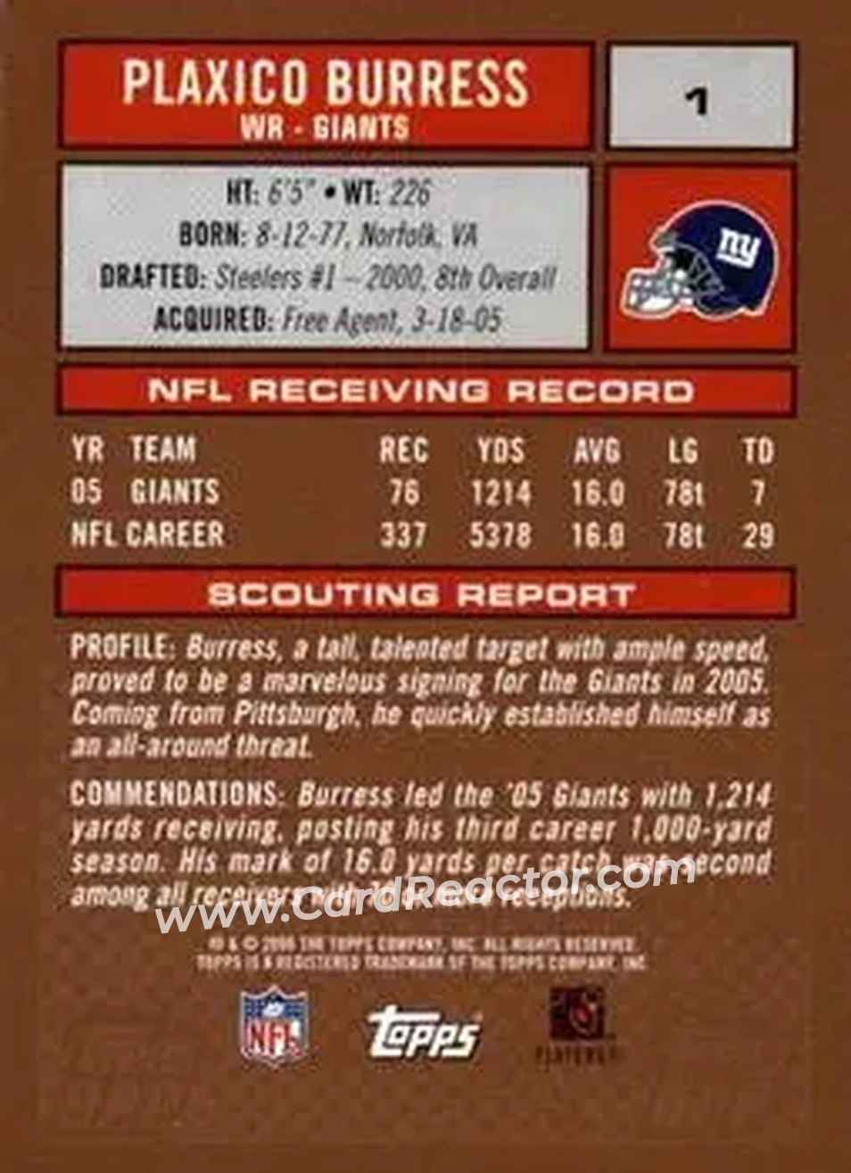 2006 Topps Draft Picks & Prospects #1 - Plaxico Burress - New York Giants - Back