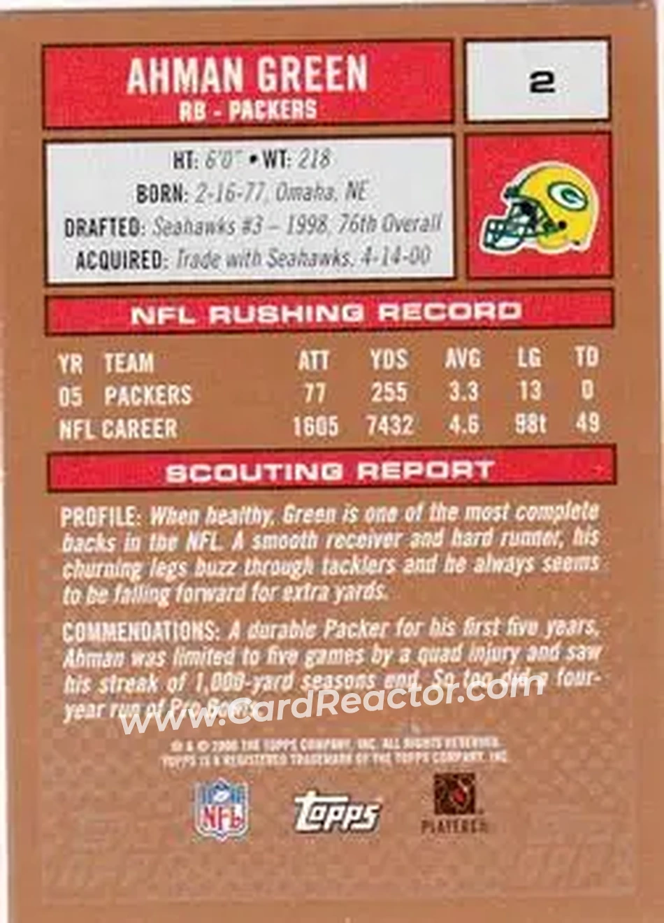 2006 Topps Draft Picks & Prospects #2 - Ahman Green - Green Bay Packers - Back