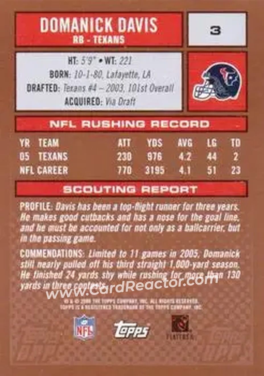 2006 Topps Draft Picks & Prospects #3 - Domanick Davis - Houston Texans - Back