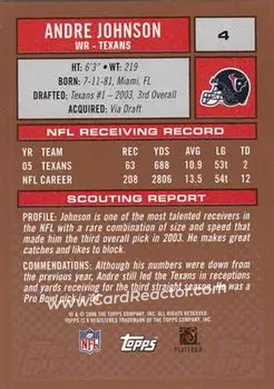 2006 Topps Draft Picks & Prospects #4 - Andre Johnson - Houston Texans - Back 2006 Topps Draft Picks & Prospects #4 - Andre Johnson - Houston Texans - Back