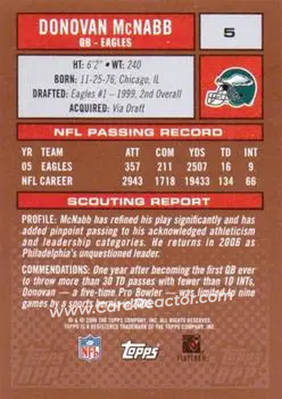 2006 Topps Draft Picks & Prospects #5 - Donovan McNabb - Philadelphia Eagles - Back 2006 Topps Draft Picks & Prospects #5 - Donovan McNabb - Philadelphia Eagles - Back