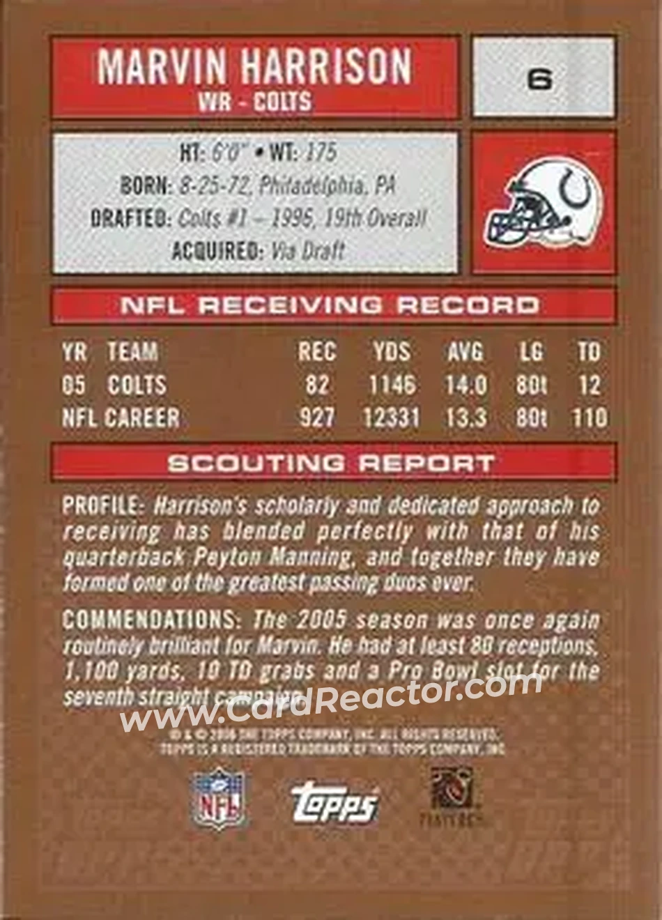 2006 Topps Draft Picks & Prospects #6 - Marvin Harrison - Indianapolis Colts - Back
