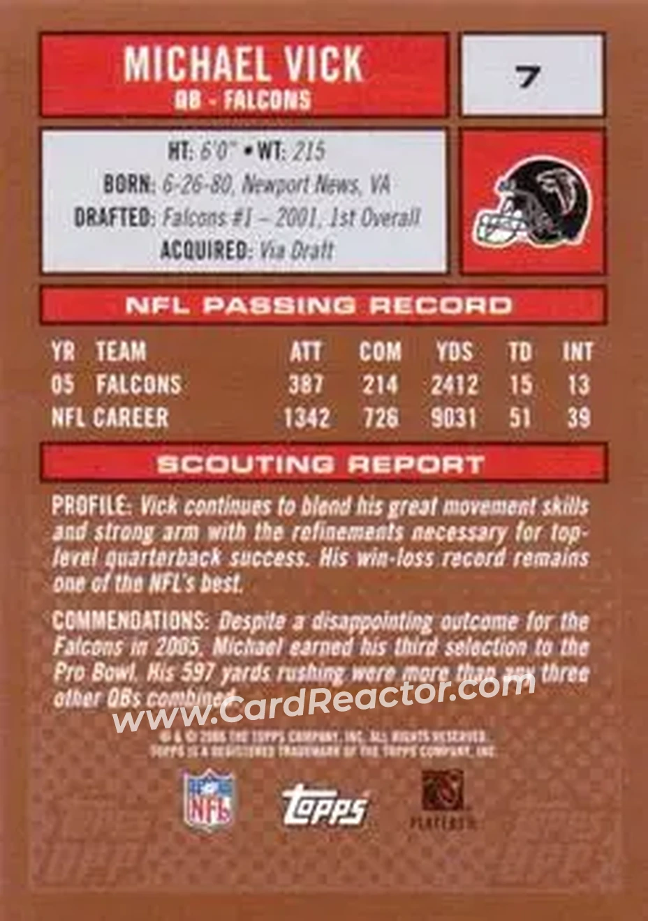 2006 Topps Draft Picks & Prospects #7 - Michael Vick - Atlanta Falcons - Back 2006 Topps Draft Picks & Prospects #7 - Michael Vick - Atlanta Falcons - Back