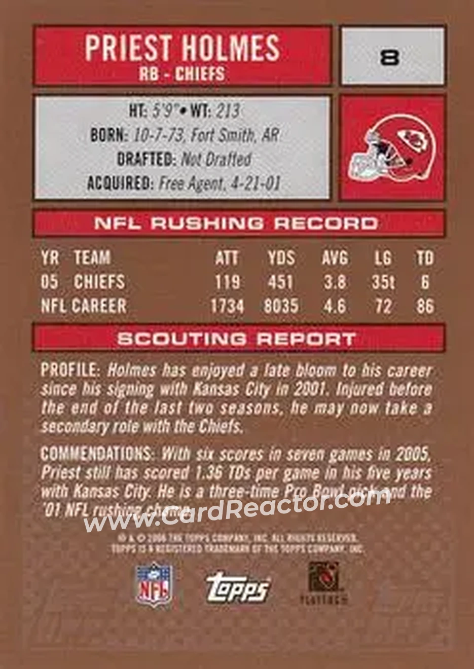 2006 Topps Draft Picks & Prospects #8 - Priest Holmes - Kansas City Chiefs - Back