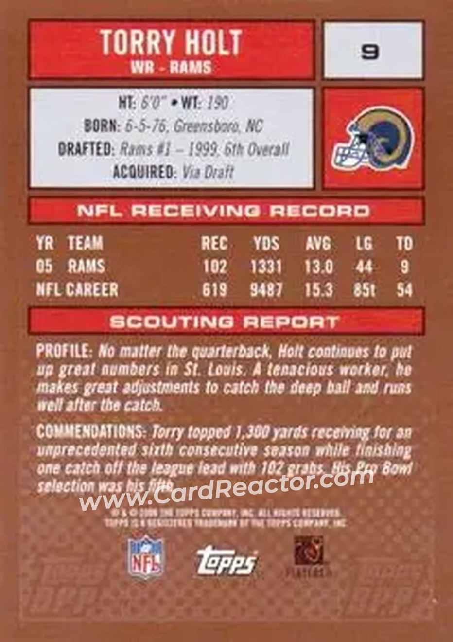 2006 Topps Draft Picks & Prospects #9 - Torry Holt - St. Louis Rams - Back