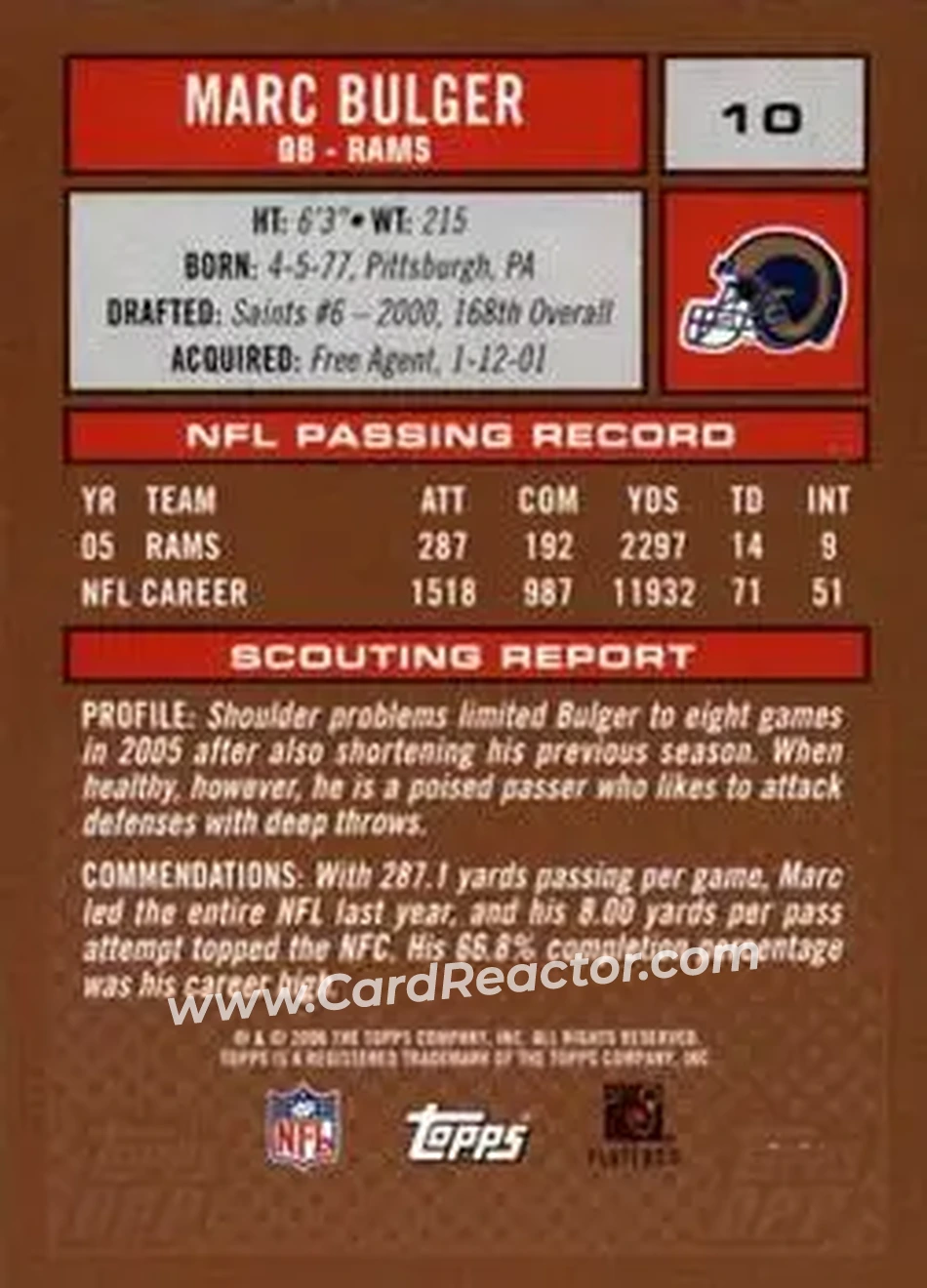2006 Topps Draft Picks & Prospects #10 - Marc Bulger - St. Louis Rams - Back