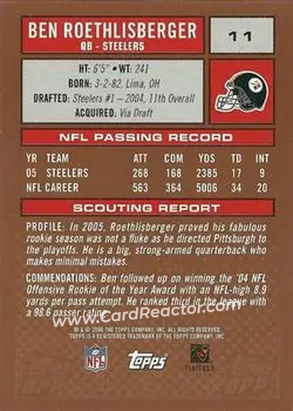 2006 Topps Draft Picks & Prospects #11 - Ben Roethlisberger - Pittsburgh Steelers - Back