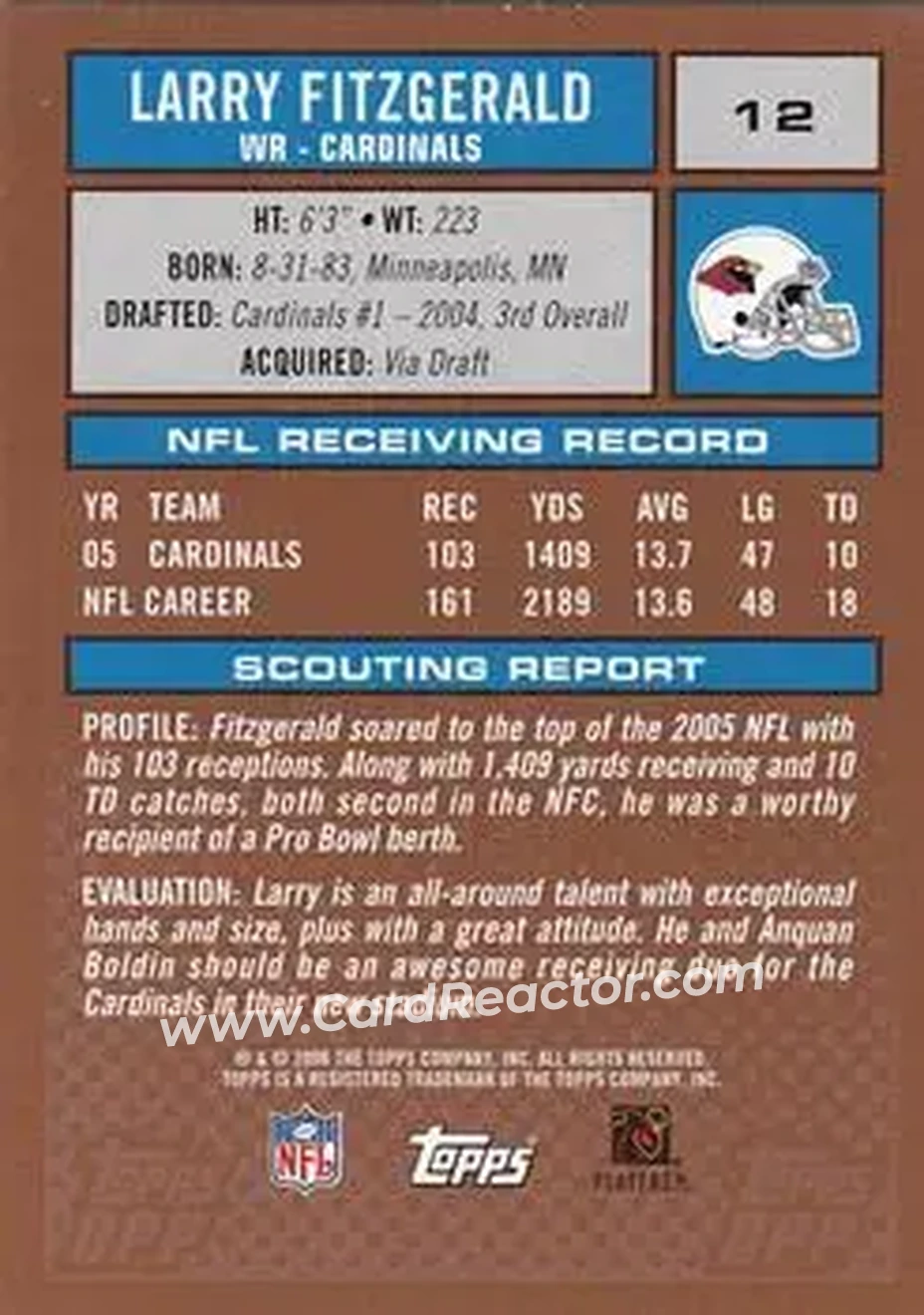 2006 Topps Draft Picks & Prospects #12 - Larry Fitzgerald - Arizona Cardinals - Back 2006 Topps Draft Picks & Prospects #12 - Larry Fitzgerald - Arizona Cardinals - Back