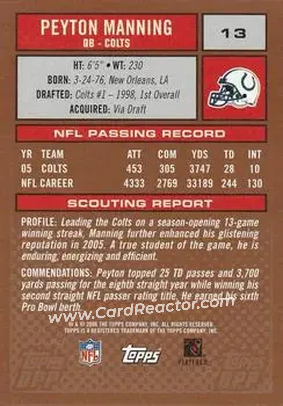 2006 Topps Draft Picks & Prospects #13 - Peyton Manning - Indianapolis Colts - Back 2006 Topps Draft Picks & Prospects #13 - Peyton Manning - Indianapolis Colts - Back