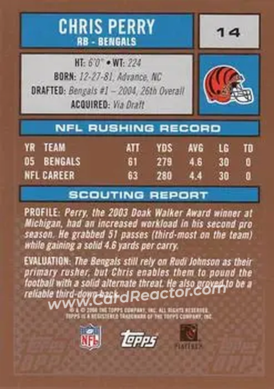 2006 Topps Draft Picks & Prospects #14 - Chris Perry - Cincinnati Bengals - Back