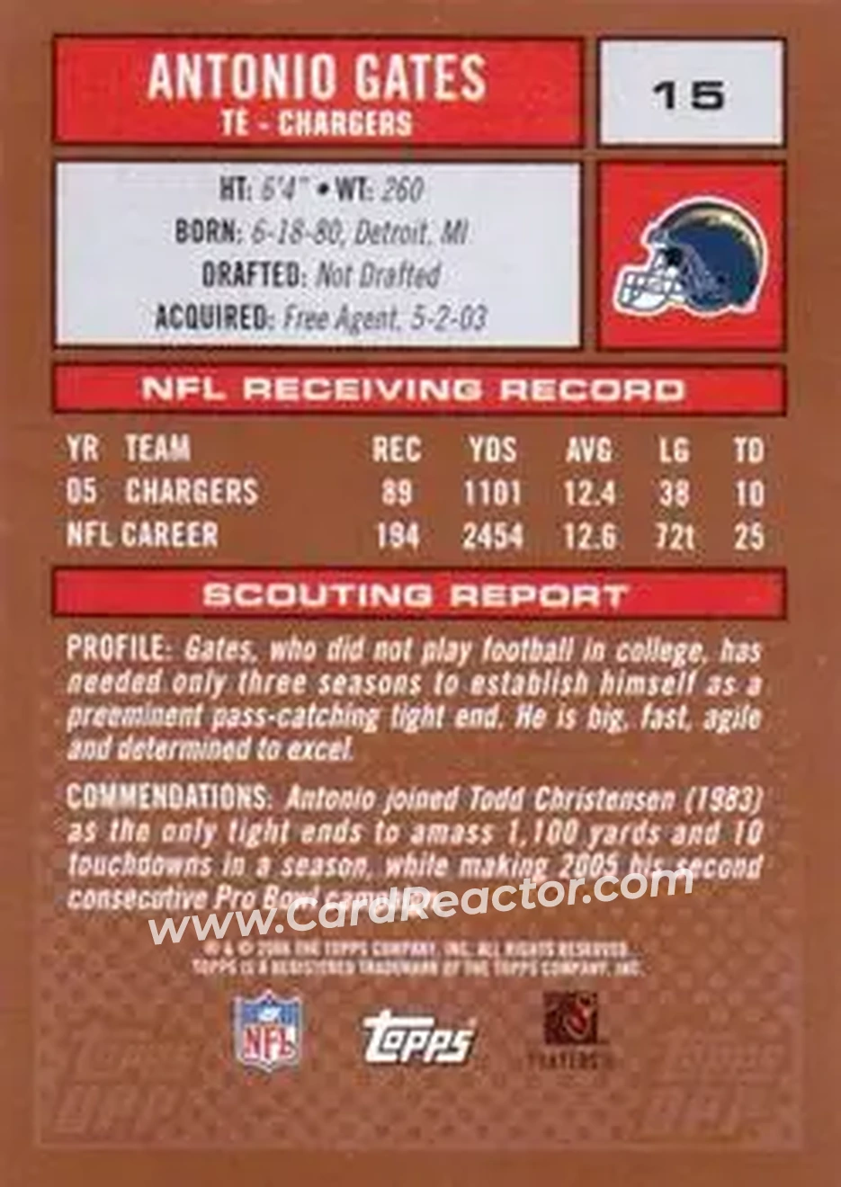 2006 Topps Draft Picks & Prospects #15 - Antonio Gates - San Diego Chargers - Back 2006 Topps Draft Picks & Prospects #15 - Antonio Gates - San Diego Chargers - Back