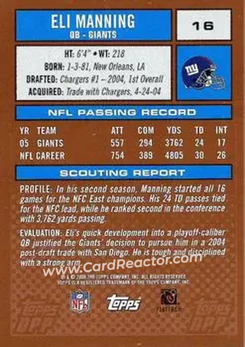 2006 Topps Draft Picks & Prospects #16 - Eli Manning - New York Giants - Back