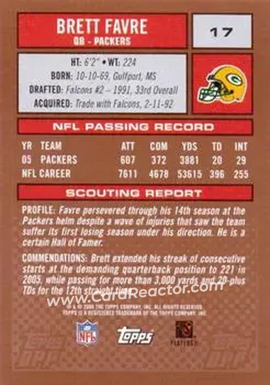 2006 Topps Draft Picks & Prospects #17 - Brett Favre - Green Bay Packers - Back