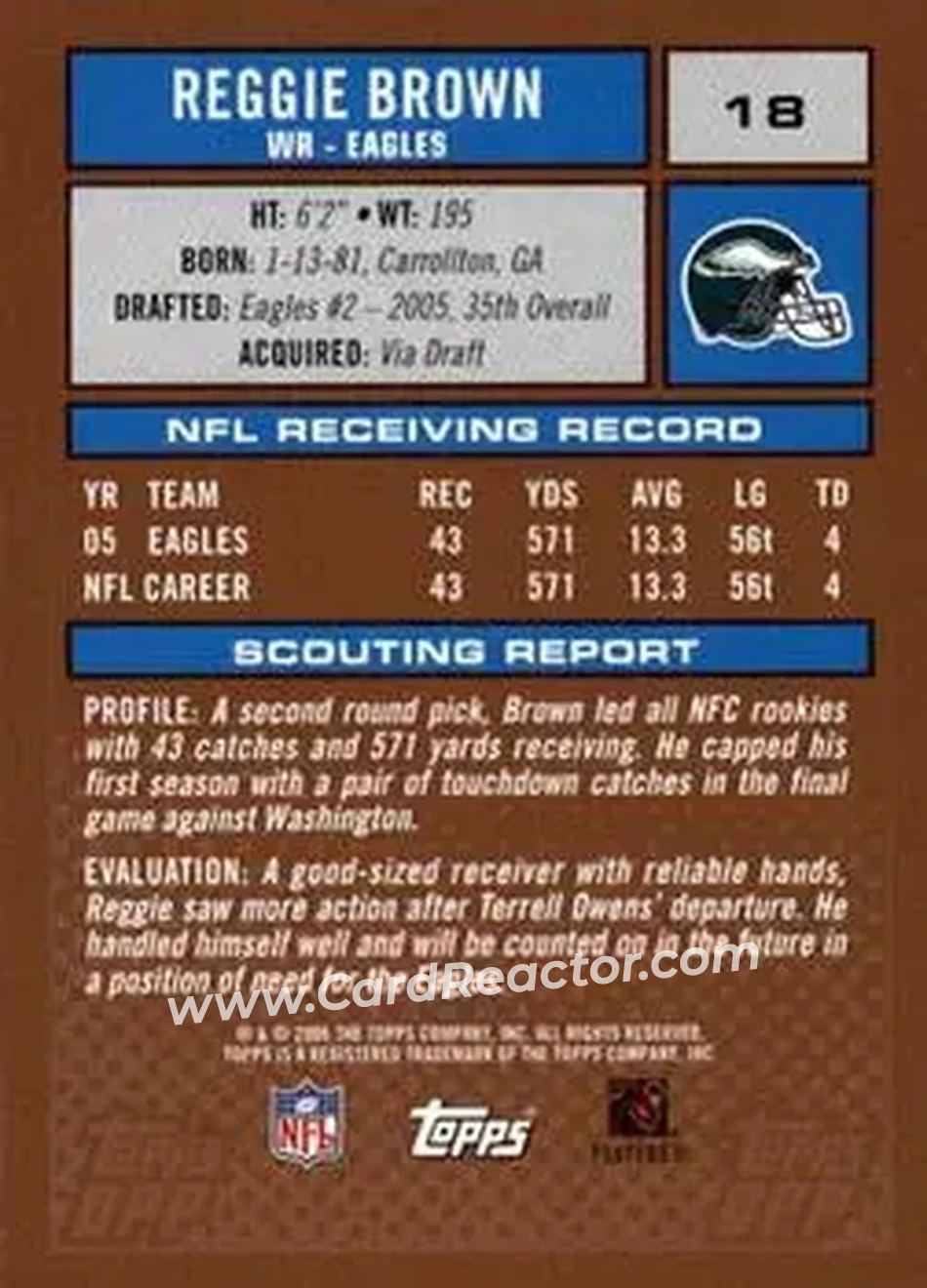 2006 Topps Draft Picks & Prospects #18 - Reggie Brown - Philadelphia Eagles - Back 2006 Topps Draft Picks & Prospects #18 - Reggie Brown - Philadelphia Eagles - Back