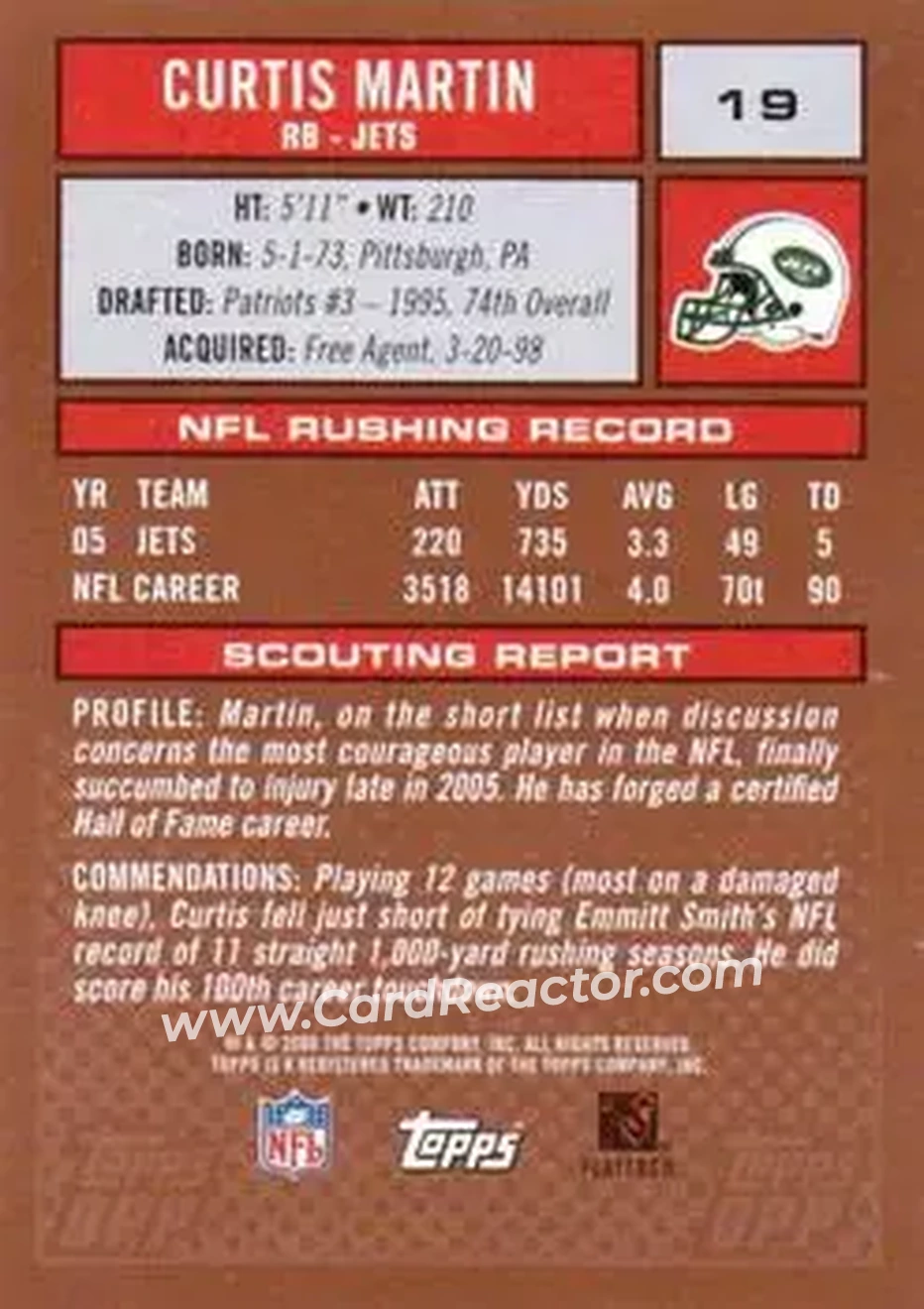 2006 Topps Draft Picks & Prospects #19 - Curtis Martin - New York Jets - Back