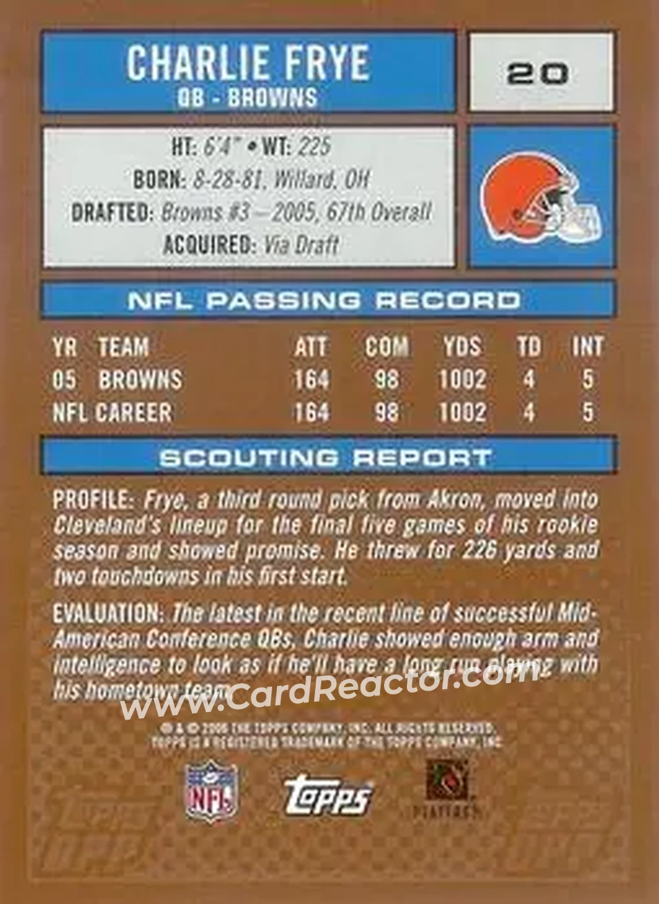 2006 Topps Draft Picks & Prospects #20 - Charlie Frye - Cleveland Browns - Back
