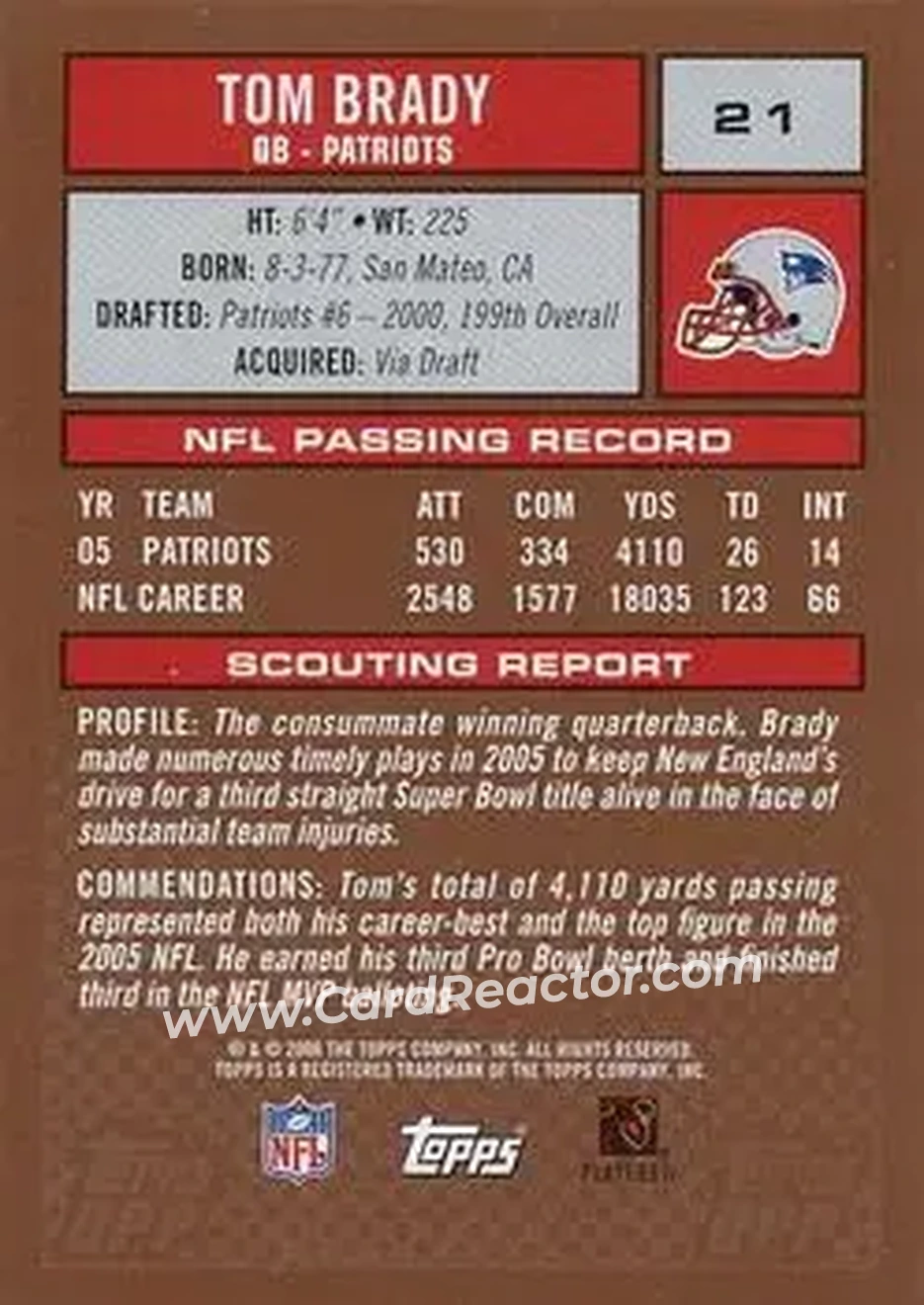 2006 Topps Draft Picks & Prospects #21 - Tom Brady - New England Patriots - Back 2006 Topps Draft Picks & Prospects #21 - Tom Brady - New England Patriots - Back
