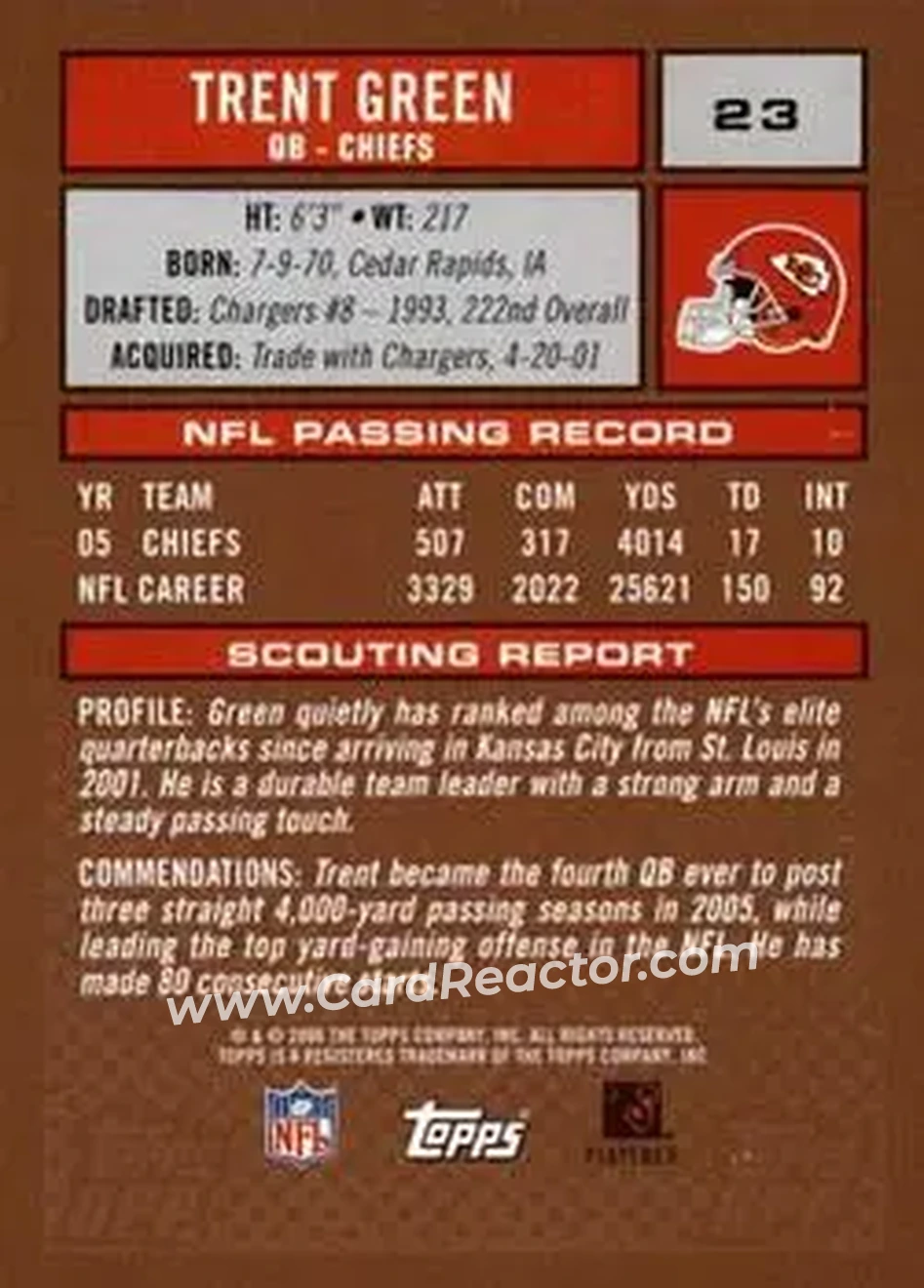 2006 Topps Draft Picks & Prospects #23 - Trent Green - Kansas City Chiefs - Back 2006 Topps Draft Picks & Prospects #23 - Trent Green - Kansas City Chiefs - Back