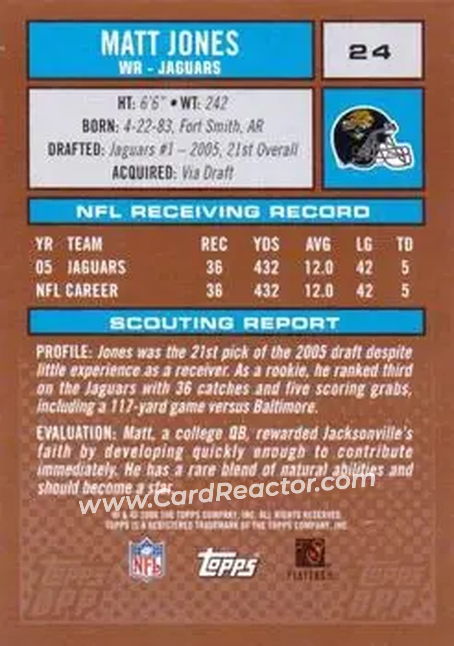 2006 Topps Draft Picks & Prospects #24 - Matt Jones - Jacksonville Jaguars - Back