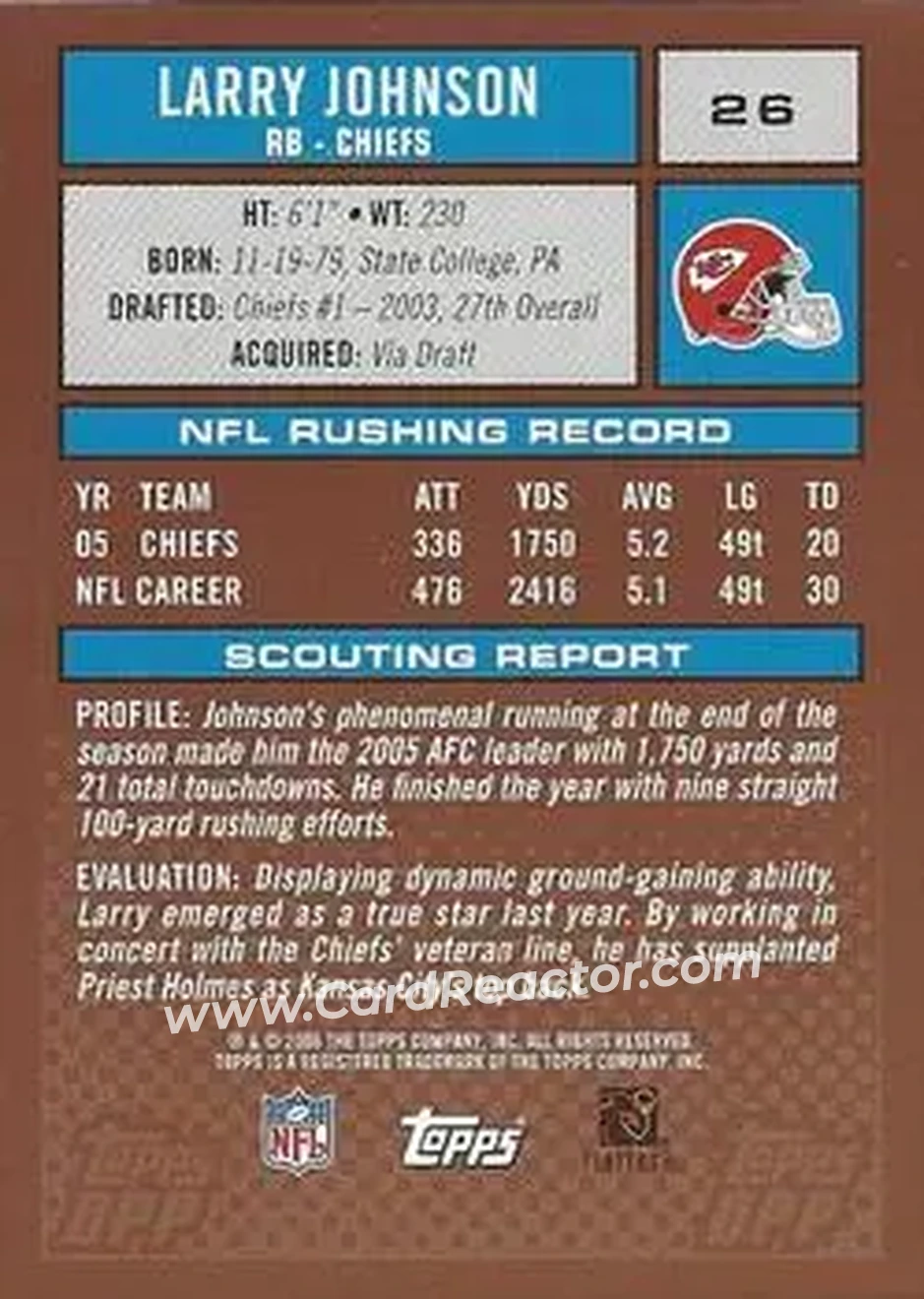 2006 Topps Draft Picks & Prospects #26 - Larry Johnson - Kansas City Chiefs - Back